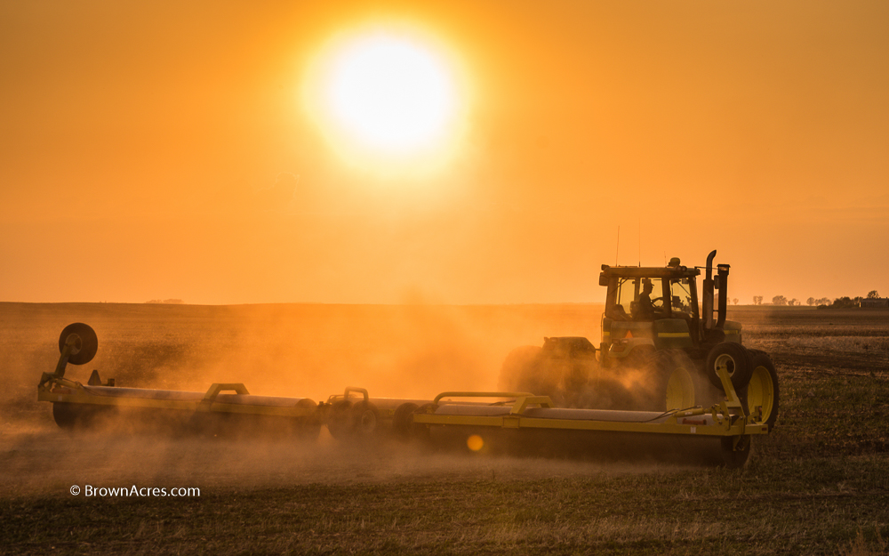 farmer rock rolling beans sunset North Dakota tractor field